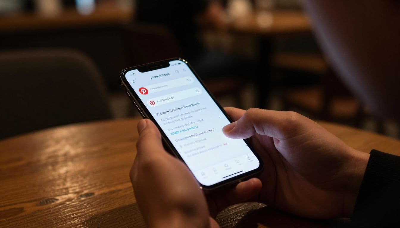 A person uses a smartphone inside a cozy cafe, focusing on their hands typing into a search bar. Warm cinematic lighting creates soft shadows and highlights on the device screen.