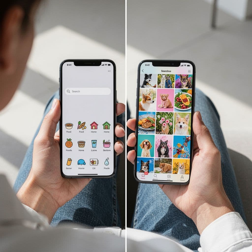 A split screen showing a mobile user interface comparing active search results against a personalized interest feed.
