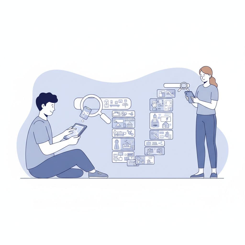 People interact with a digital interface blending search bars and social card feeds on mobile devices.