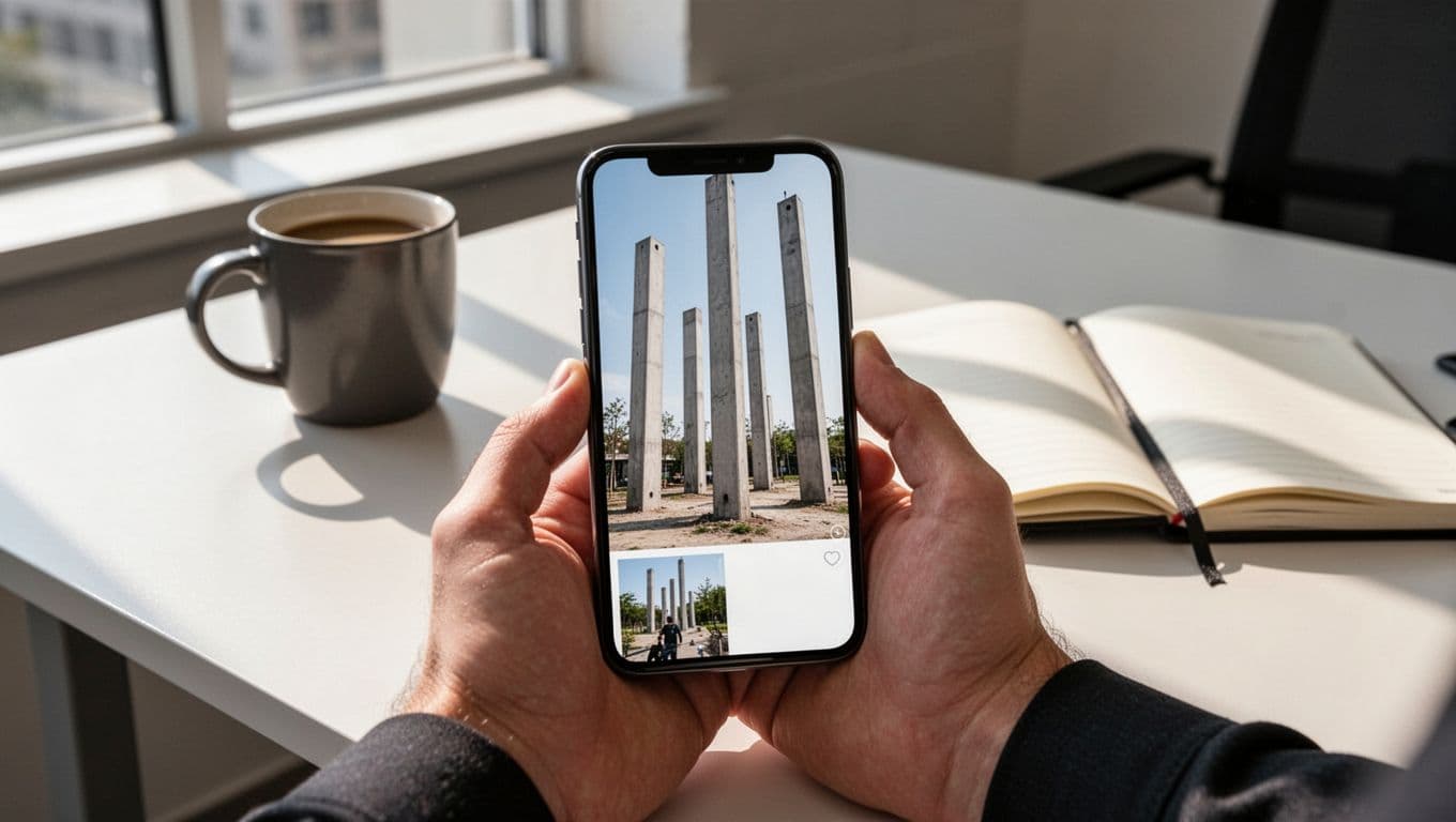 Hand holds smartphone displaying Pinterest mobile feed dominated by tall vertical pins and small square pin below, office desk background.