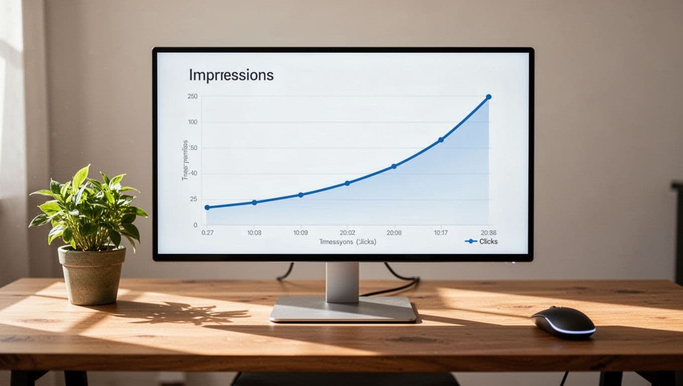 Computer screen shows line graph with flat start then rising curve for Pinterest traffic, on desk with plant and mouse.