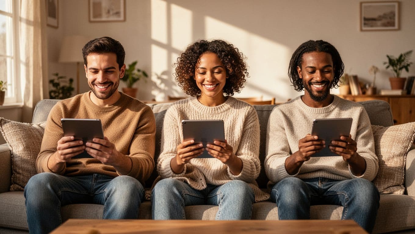 Three diverse people in cozy home browse Pinterest on tablets and phones with inspired expressions.