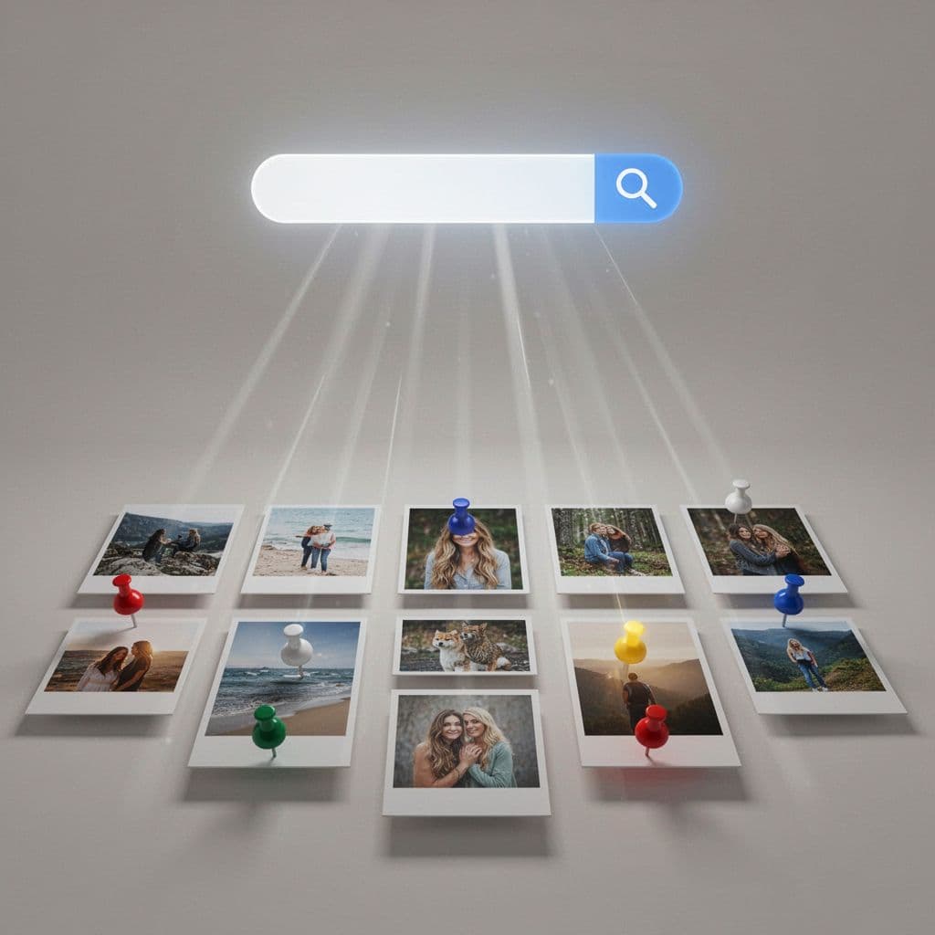 A glowing search bar connects via light lines to a collection of organized visual pins.