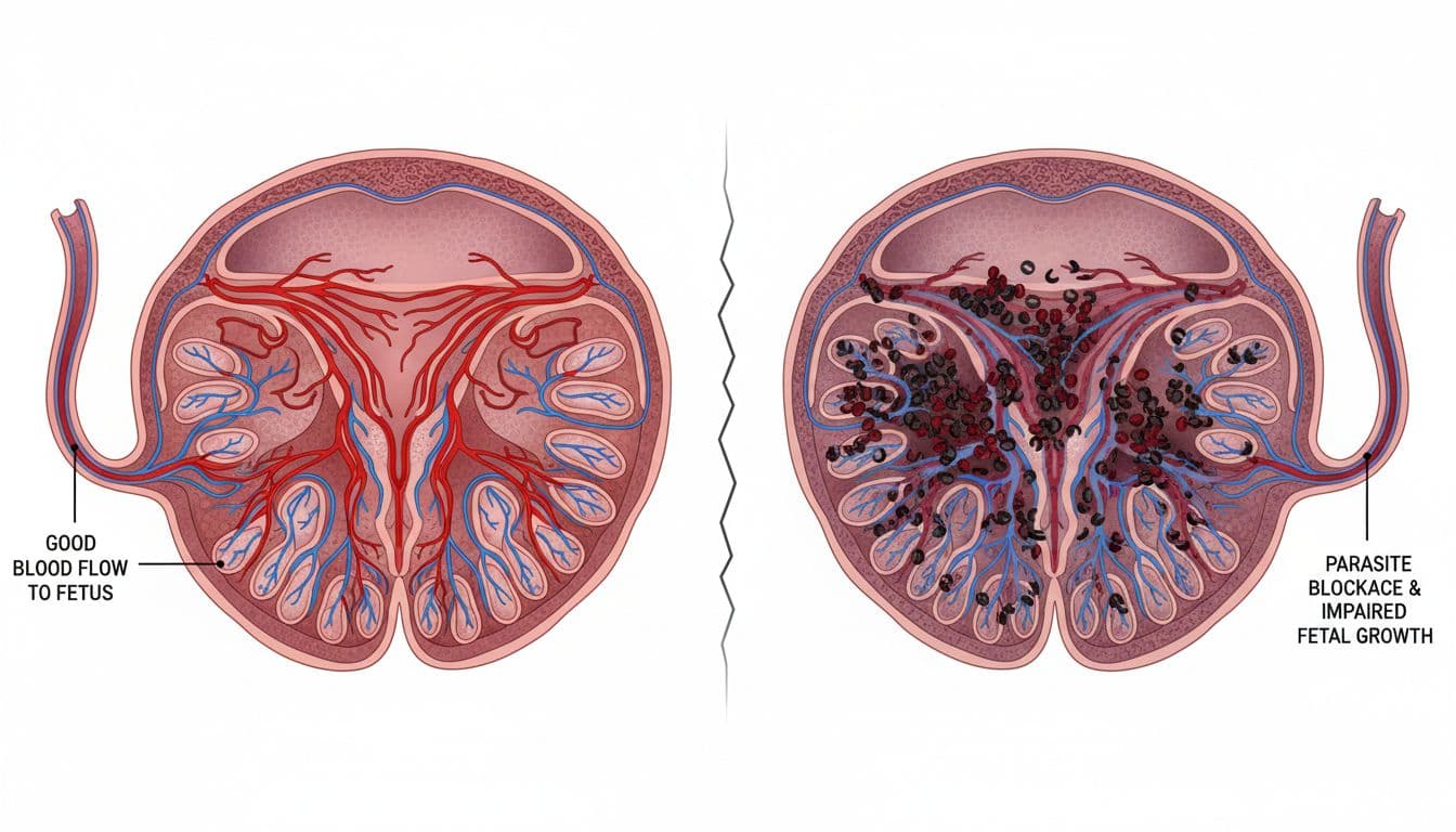 Cross-section medical diagram contrasting a healthy placenta with good blood flow to the fetus against an infected placenta blocked by parasites, educational illustration explaining impacts on fetal growth.