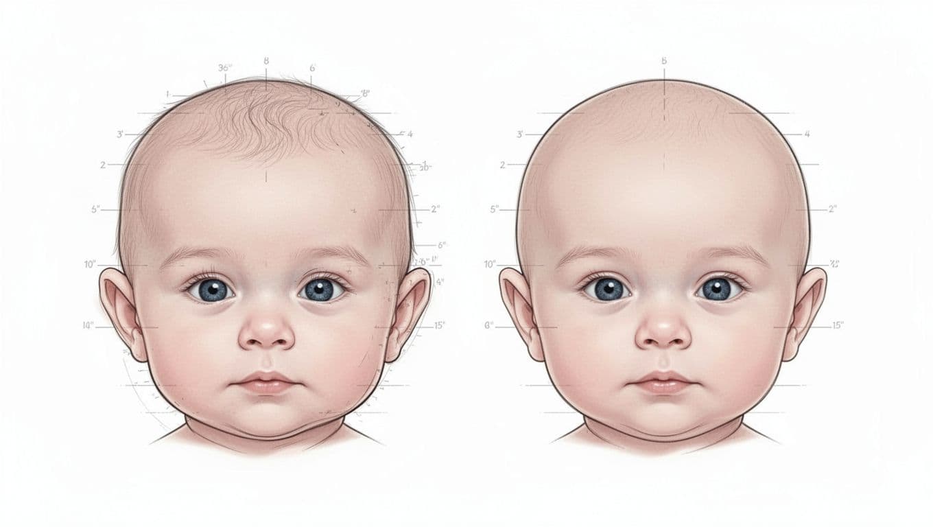 Side-by-side line drawings of infant head: left with right posterior flattening and ear shift, right symmetrical and round.