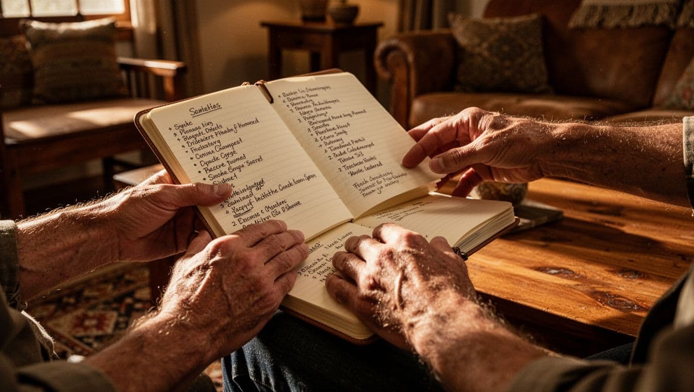A parent holds a notebook filled with scribbled lists while sitting in a cozy room. Warm golden light highlights their hands against the paper, creating a thoughtful and intimate atmosphere.