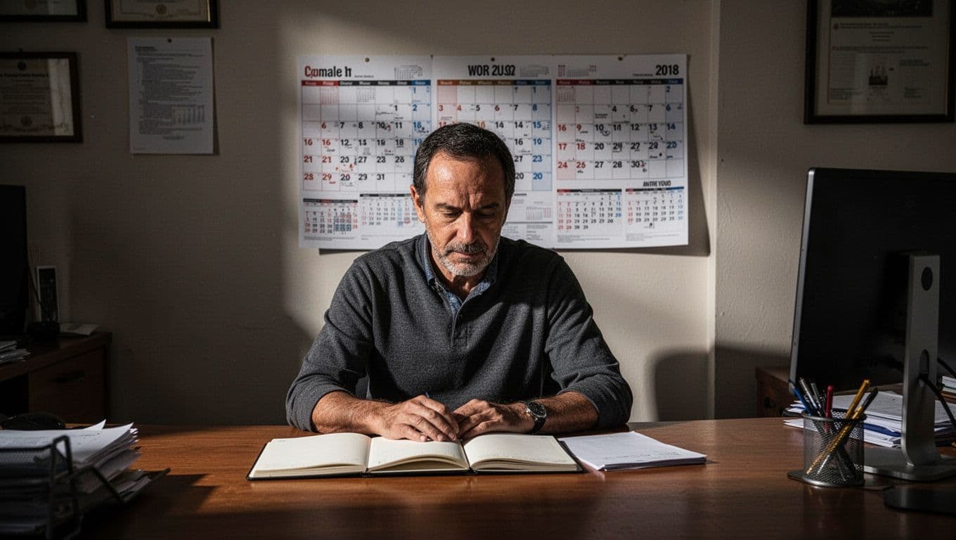 A focused individual sits at a dark desk, carefully reviewing a paper wall calendar and handwritten notebook entries. Dramatic lighting emphasizes the person's intense concentration while highlighting their organized financial documents.