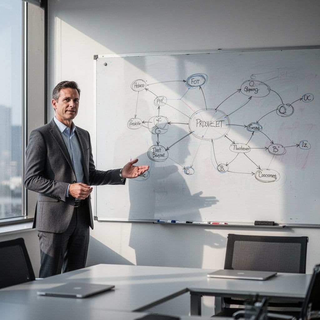 A person stands before a whiteboard covered in a complex mind map diagram in a bright office.