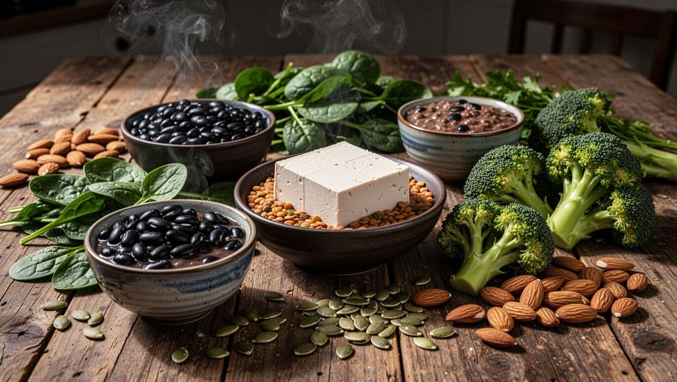 A rustic wooden table displays bowls filled with black beans and lentils beside fresh spinach, broccoli, tofu, and assorted nuts. Dramatic lighting highlights the rich colors and textures of the ingredients.