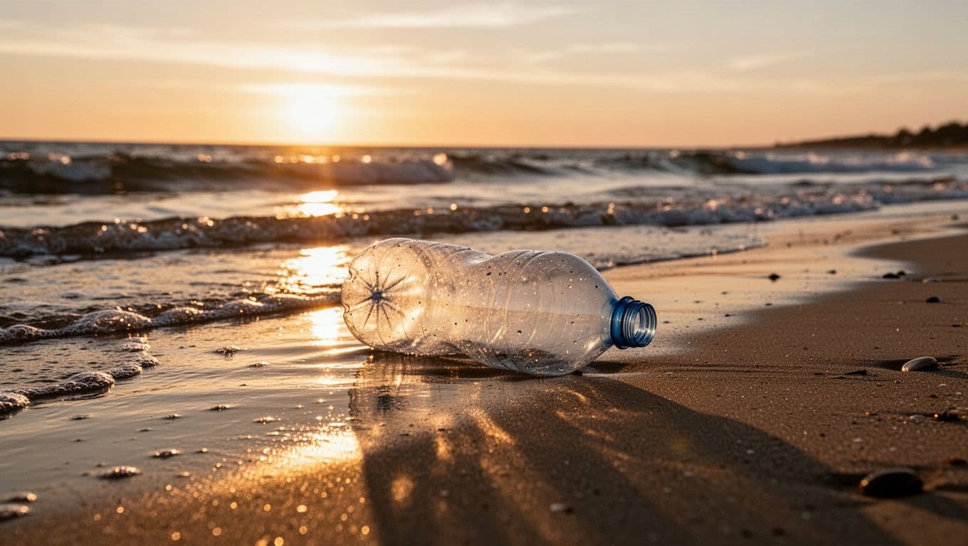 A single empty plastic bottle rests on damp golden sand near the ocean tide line. Warm sunset light creates sharp, dramatic shadows across the shoreline, emphasizing the stark contrast with nature.