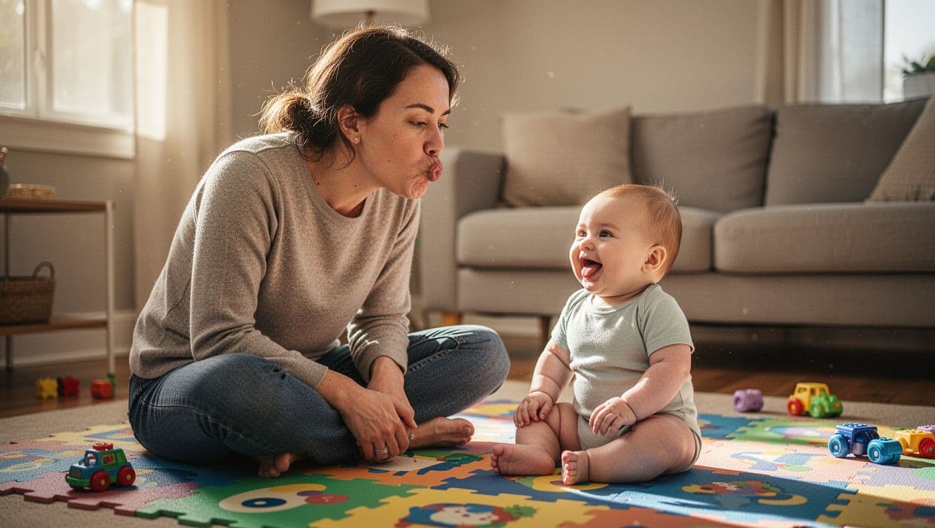 Parent sits cross-legged on colorful play mat making exaggerated raspberry face with puffed cheeks to smiling propped-up 5-month-old baby watching intently.