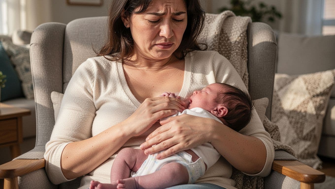Mother in chair holds newborn at breast during feeding; baby's mouth covers little areola, her face shows pain.