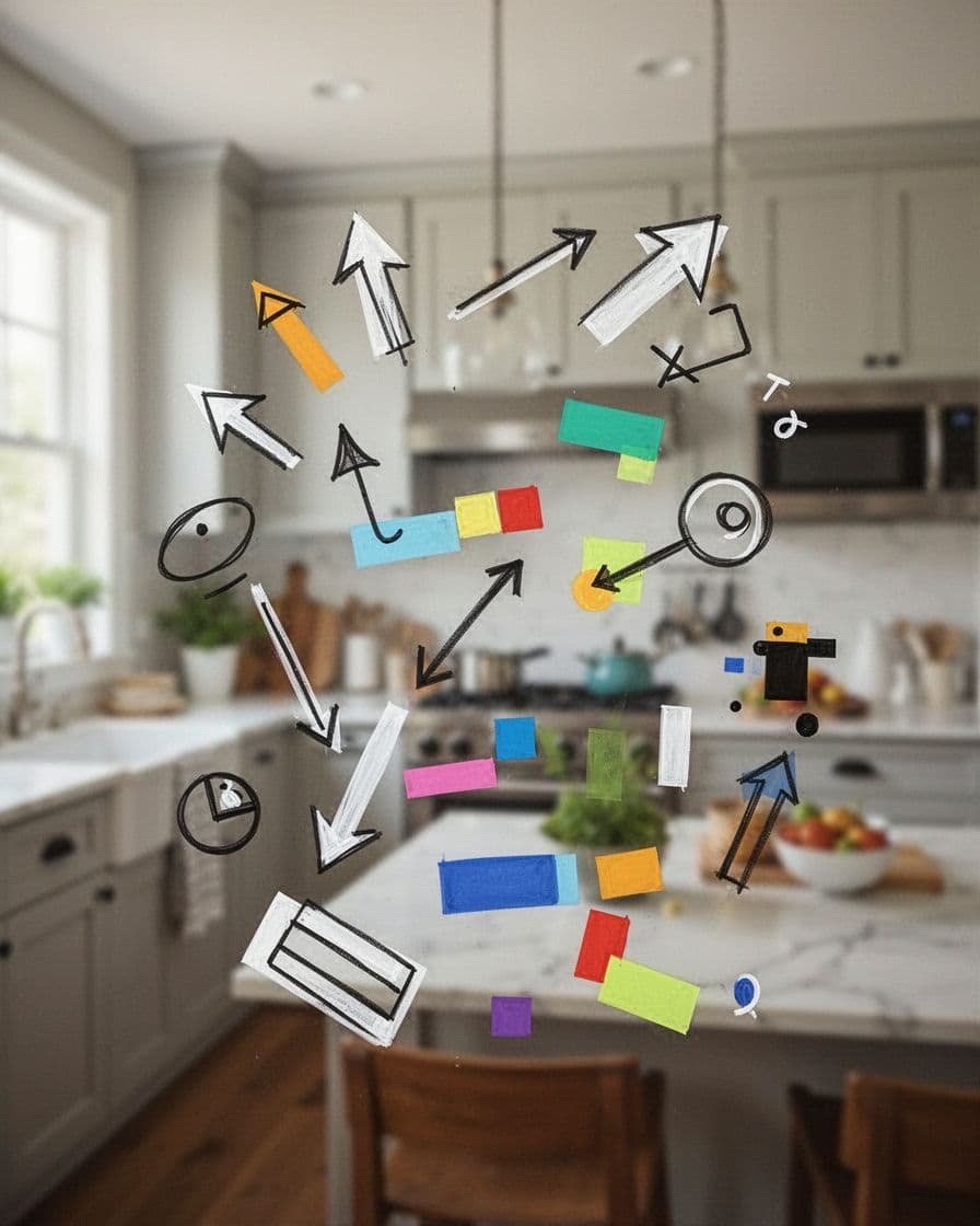 Vertical pin shows blurry generic kitchen background overlaid with messy unreadable text, varied fonts, colors, arrows, and icons.