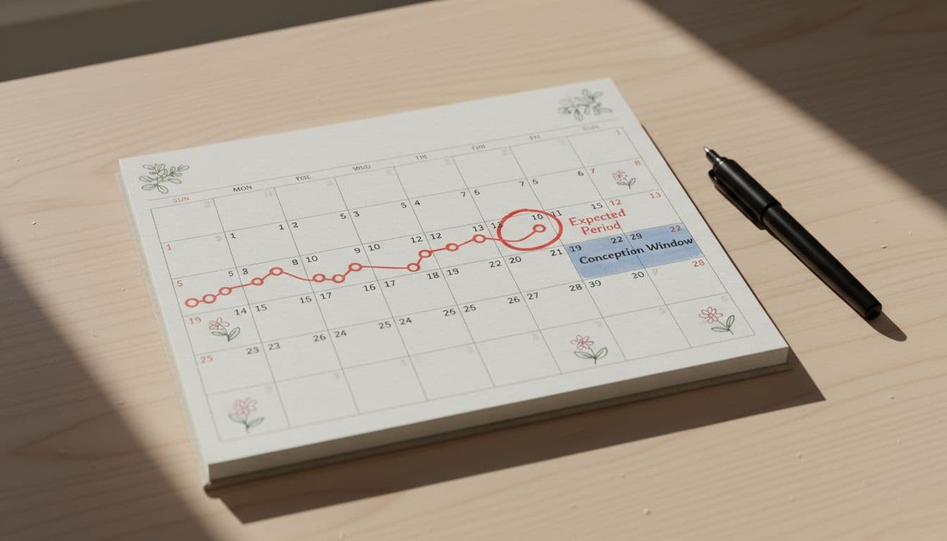Realistic photo of a calendar planner on a wooden desk displaying cycle tracking after miscarriage, marked for next period and possible conception window, in natural daylight with clean composition including one pen, no people or text.