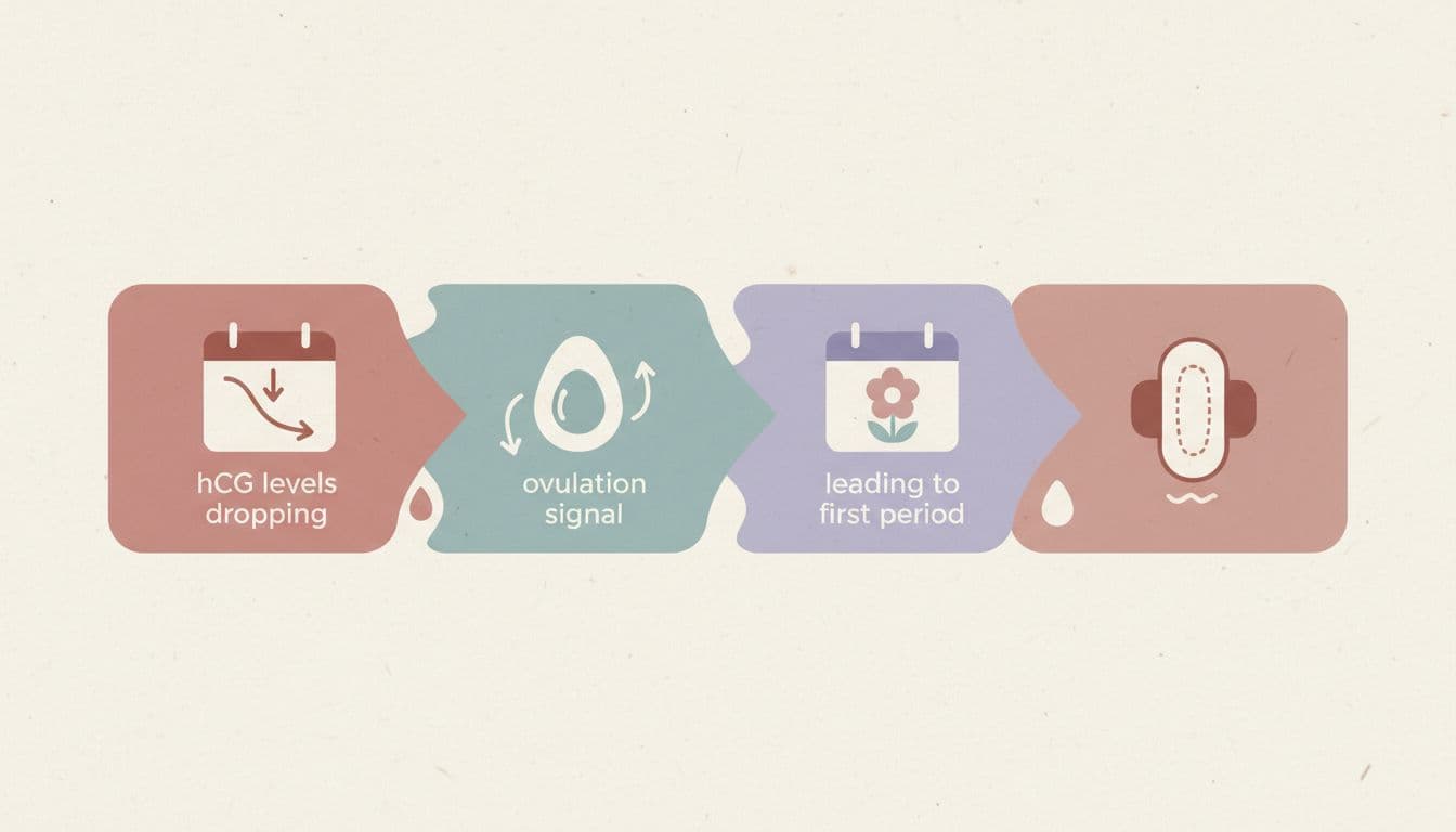 Soft minimalist illustration of post-miscarriage recovery phases: initial bleeding with dropping hCG levels, ovulation signal, and first period, using simple icons like calendar, downward graph arrow, egg, and menstrual pad in pastel colors.