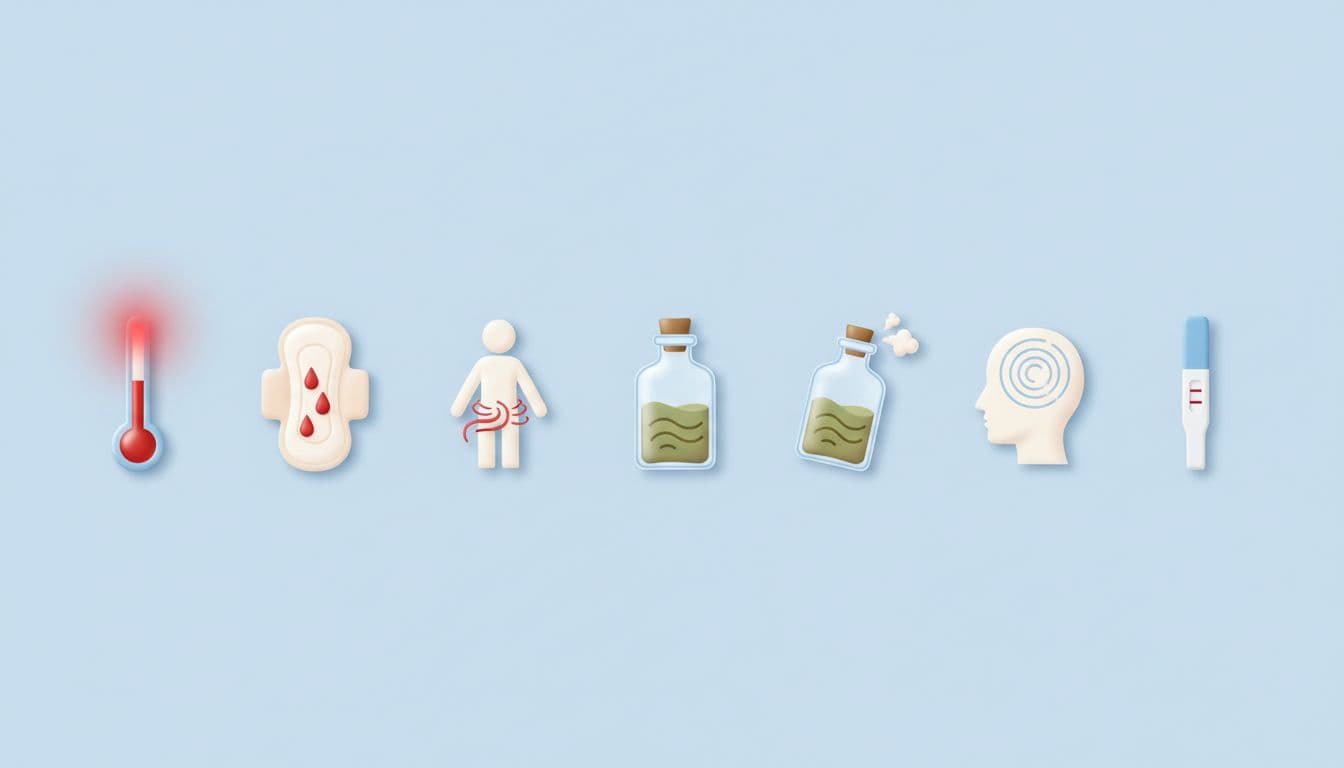 Clean medical infographic illustration of icons depicting post-miscarriage warning signs including high fever thermometer, heavy bleeding pad, severe abdominal pain silhouette, foul discharge bottle, dizziness swirl, and persistent positive pregnancy test strip, arranged in a row on light blue background.