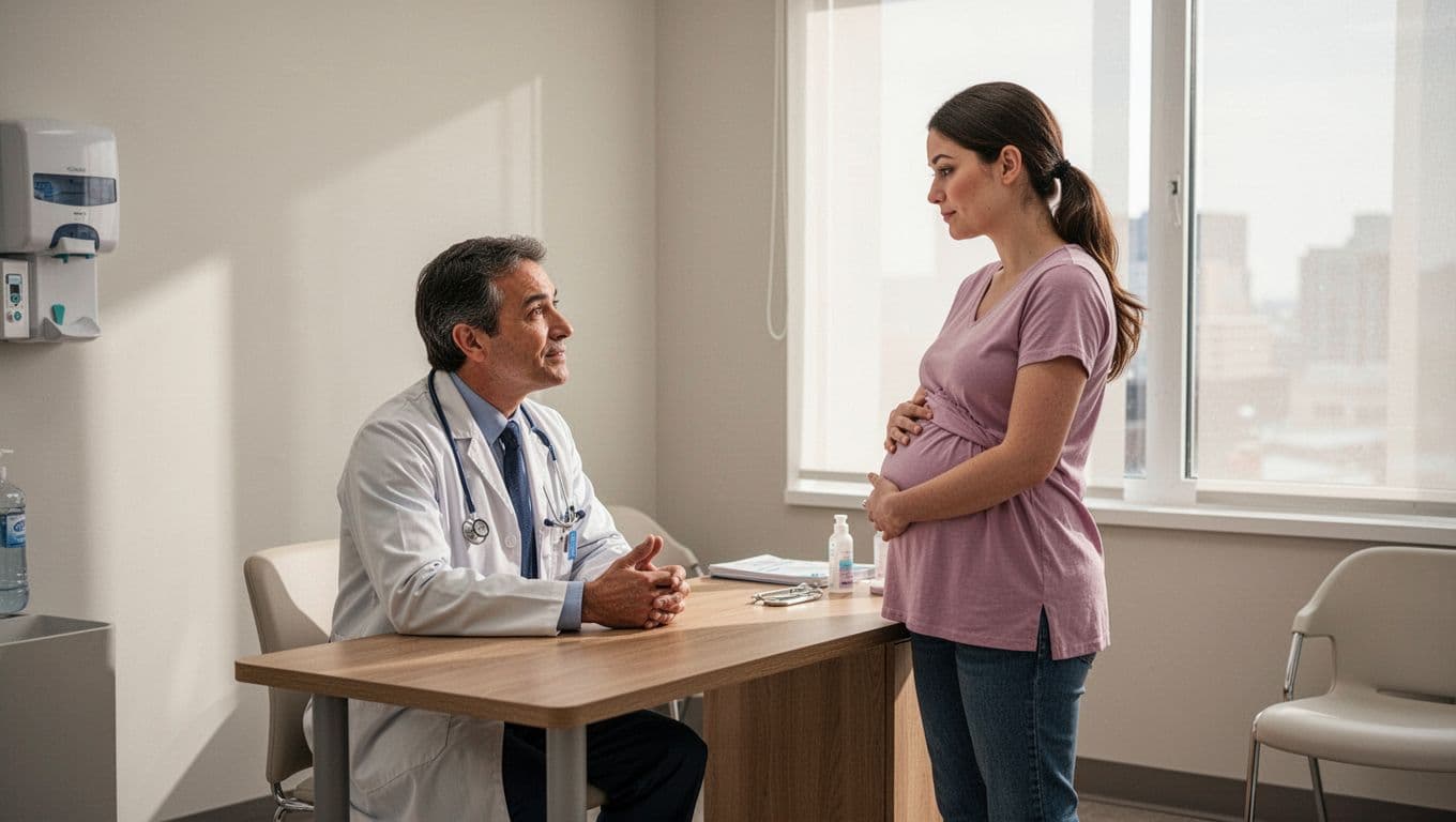 A physician wearing a stethoscope sits at a wooden desk, offering support to a new mother in a bright, modern clinic. Natural sunlight floods the room through a large, expansive window.