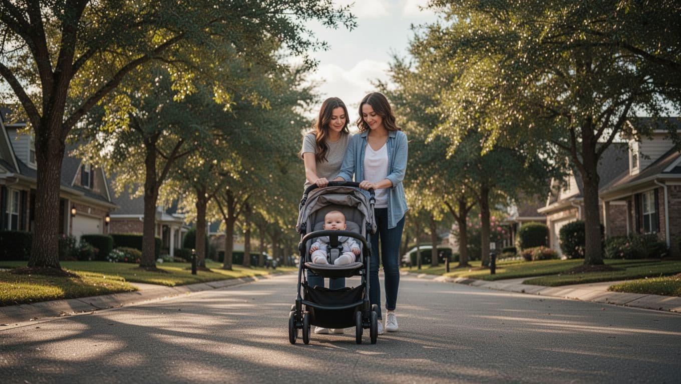 A woman walks down a quiet tree-lined suburban street pushing a stroller during the late afternoon. Soft sunlight filters through the overhead canopy, creating a peaceful and restorative atmosphere for exercise.