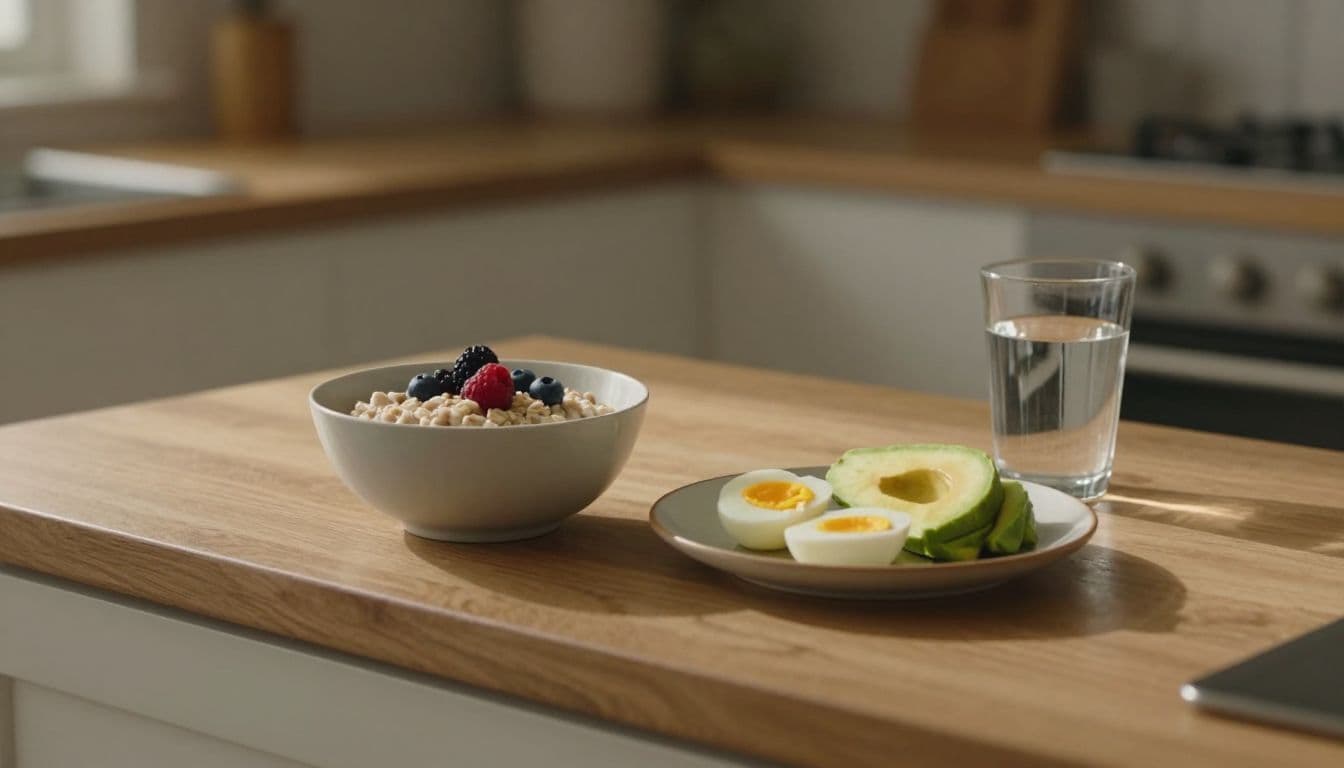 A rustic wooden counter displays a bowl of berry-topped oatmeal, sliced avocado with hard-boiled eggs, and a glass of water. Soft morning sunlight illuminates the textures of the healthy, comforting food.