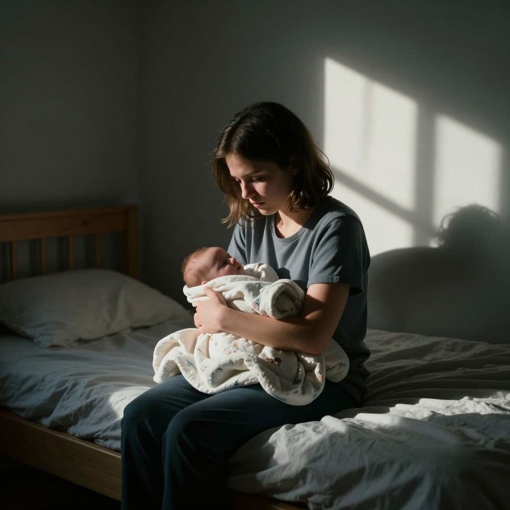 A weary parent sits on the edge of a bed in a shadowy room, clutching a soft baby blanket. Dramatic sunlight streams through the window, highlighting their pensive, emotional facial expression.