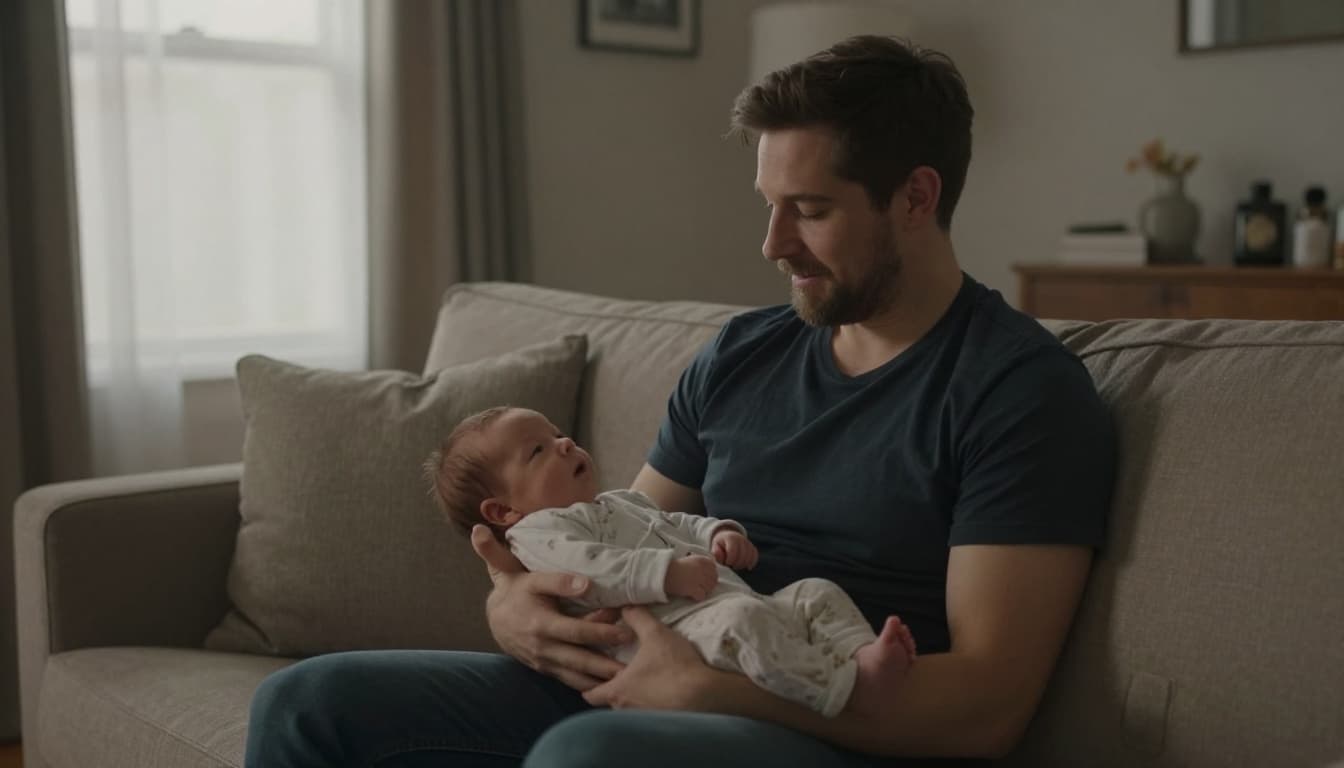 Man sits close on couch listening calmly to tired woman holding newborn on lap in cozy living room.