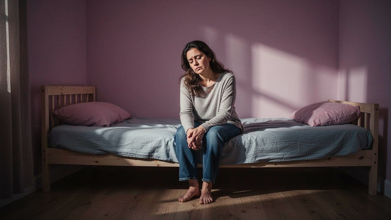 A woman sits slumped on the edge of her bed within a dimly lit, soft-toned bedroom. She appears exhausted and pensive, while dramatic shadows create a mood of overwhelming solitude.