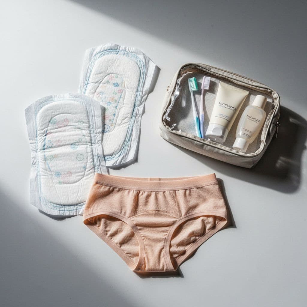 Neatly arranged maternity pads, seamless underwear, and a small toiletry bag containing moisturizer and a toothbrush are laid out on a clean white surface. Soft shadows highlight the varied fabric textures.