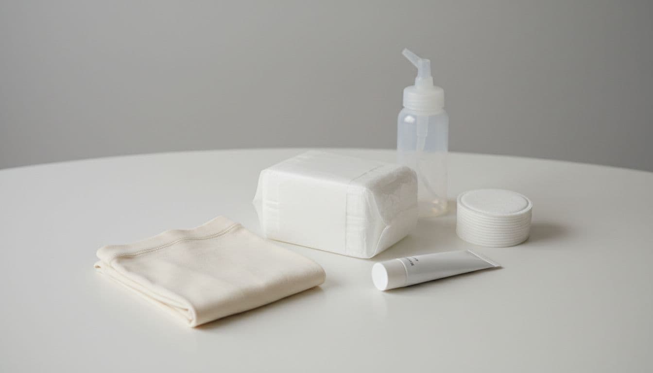 Assortment of postpartum recovery essentials on a neutral surface: pack of heavy-flow pads, folded high-waisted underwear, nipple cream tube, disposable breast pads, and peri bottle. Realistic product photo with soft lighting and slight angle view.