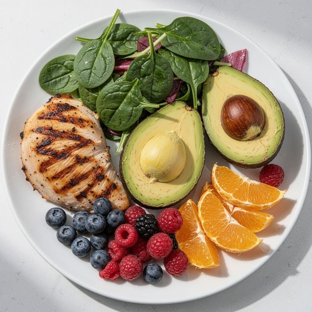 White plate with grilled chicken, spinach salad, avocado slices, berries, and oranges in natural daylight.
