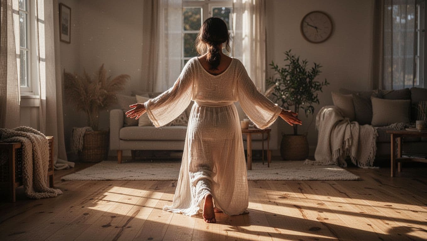 A woman in textured charcoal athletic wear performs slow, intentional movements in a sunlit living room. Her hands rest gently on her abdomen amidst a warm, glowing atmosphere of quiet healing.
