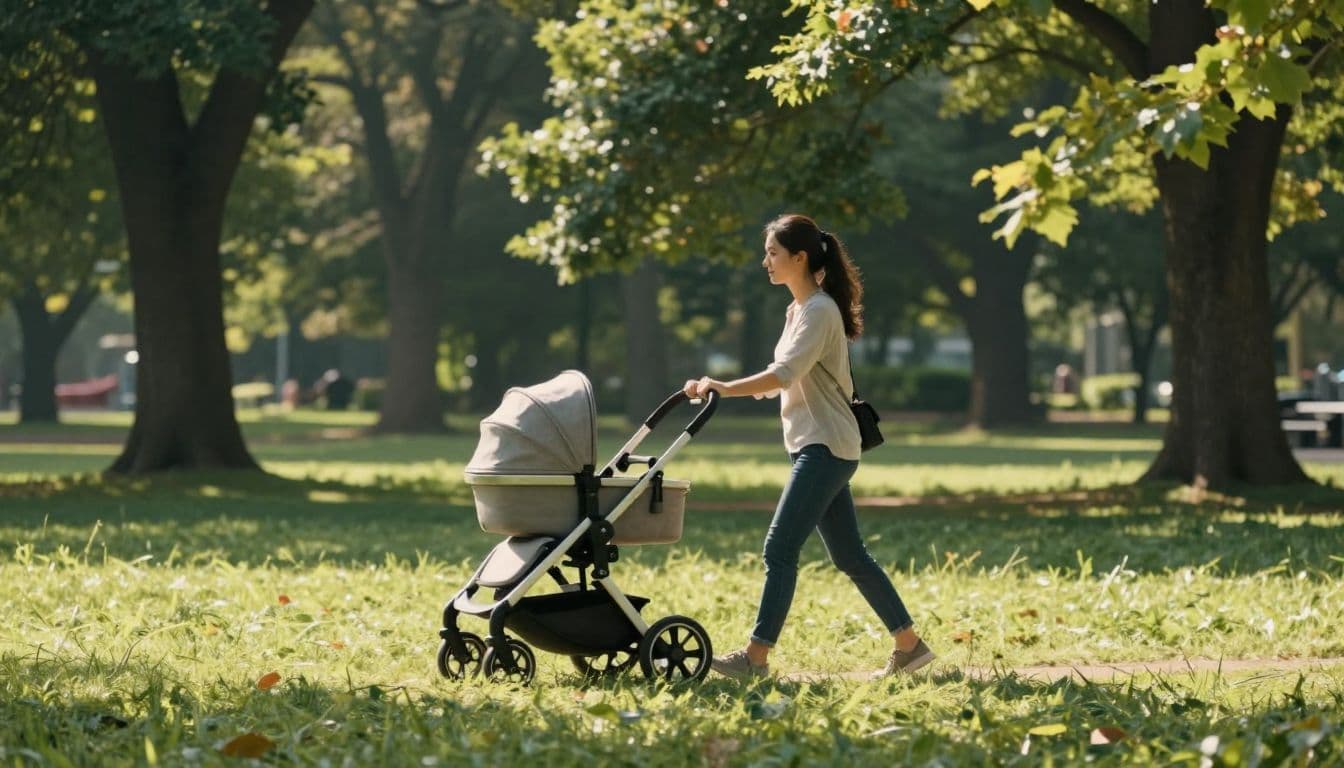 A woman strolls through a sun-dappled park while pushing a contemporary baby carriage along a paved path. Lush green trees surround the serene walkway, creating a peaceful environment for light exercise.