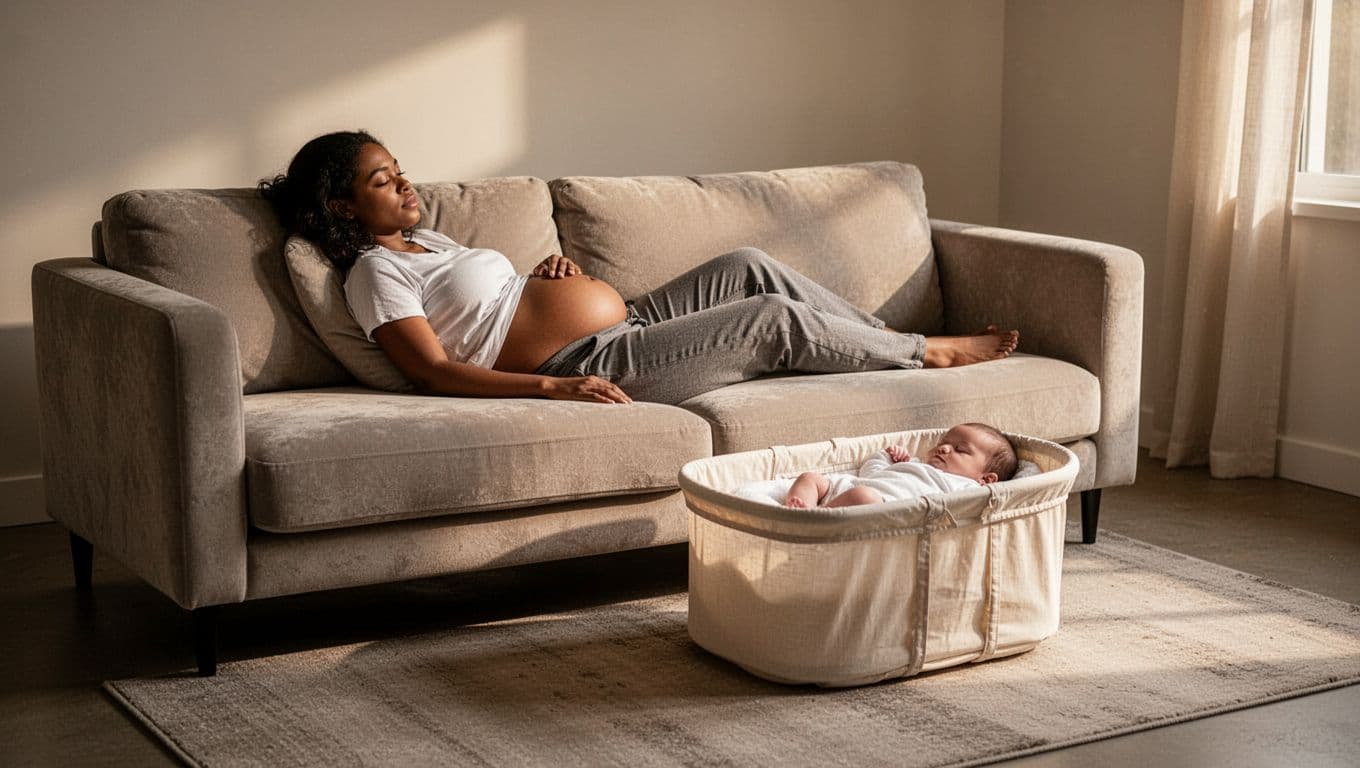 A new mother reclines on a neutral-toned sofa in a softly lit room while her newborn sleeps peacefully in a nearby bassinet. Minimalist decor surrounds the quiet, serene domestic space.