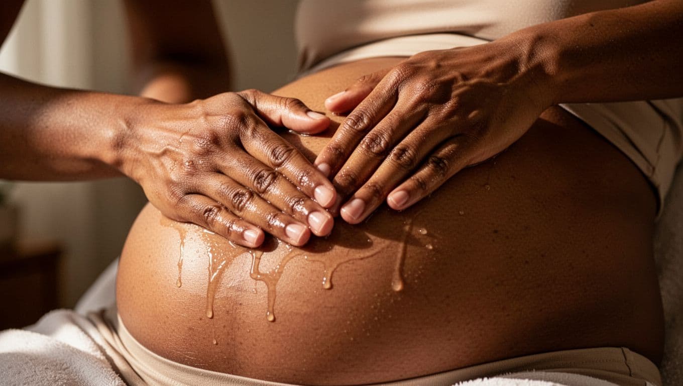 Close-up of hands gently rubbing rich nourishing oil into a stomach. Soft cinematic lighting highlights the texture of the skin while deep shadows create a peaceful and quiet atmosphere indoors.