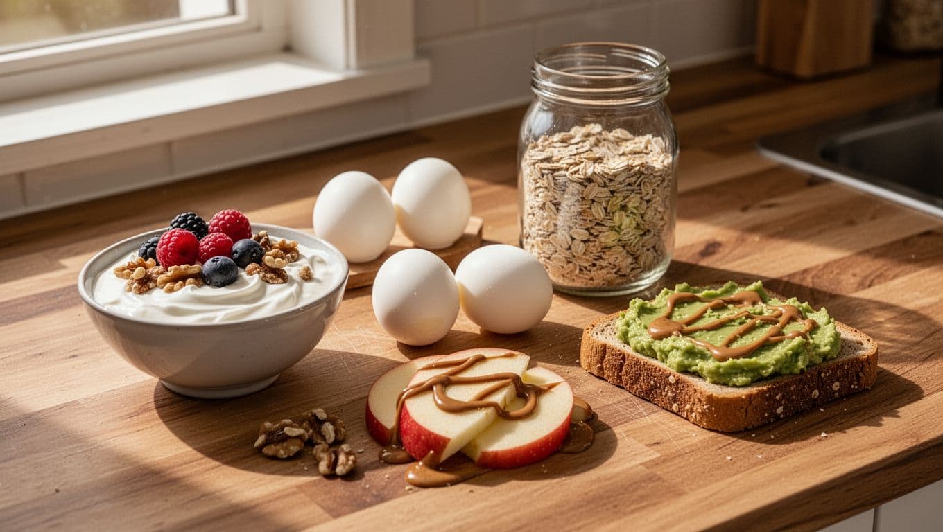 Wooden counter displays Greek yogurt with berries and nuts, hard-boiled eggs, oatmeal jar, apple slices with nut butter, avocado toast in morning light.