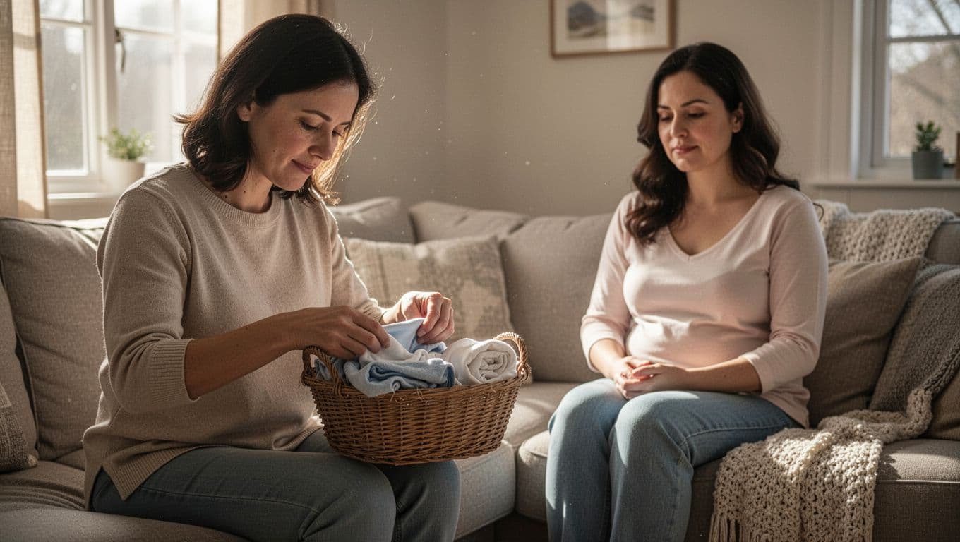 A kind friend folds baby clothes in a sunlit living room while a new mother rests on a plush sofa nearby. Soft fabrics and warm tones create a calm, supportive environment.