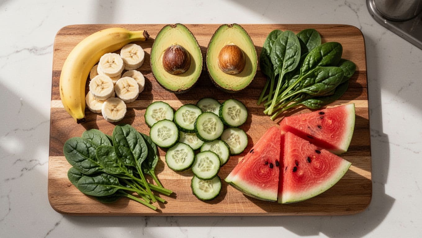 Sliced bananas, avocado halves, cucumber slices, spinach leaves, and watermelon wedges on wooden cutting board in sunlit kitchen.