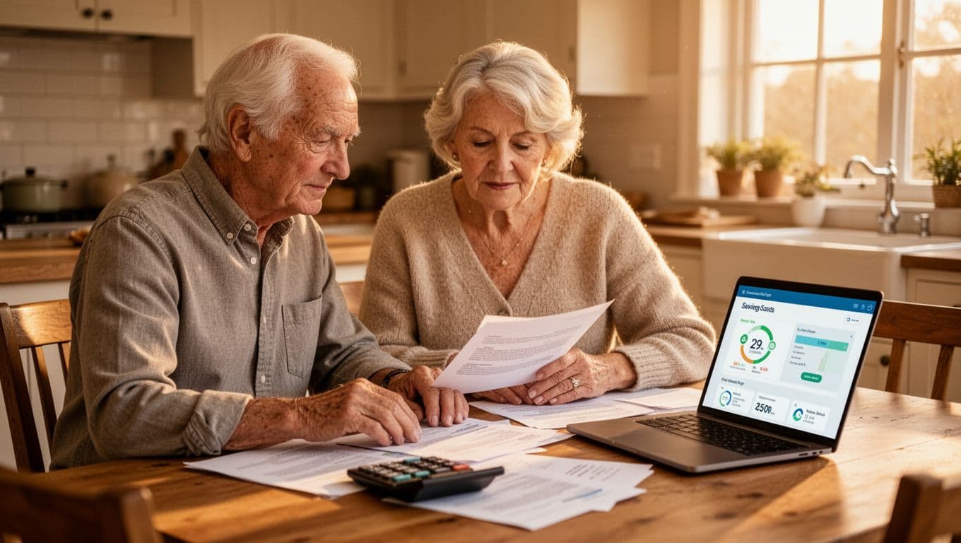 A couple in their late 50s sits at a cozy kitchen table reviewing financial statements, a calculator, and a laptop displaying a savings dashboard, with focused yet relaxed expressions in warm morning light.