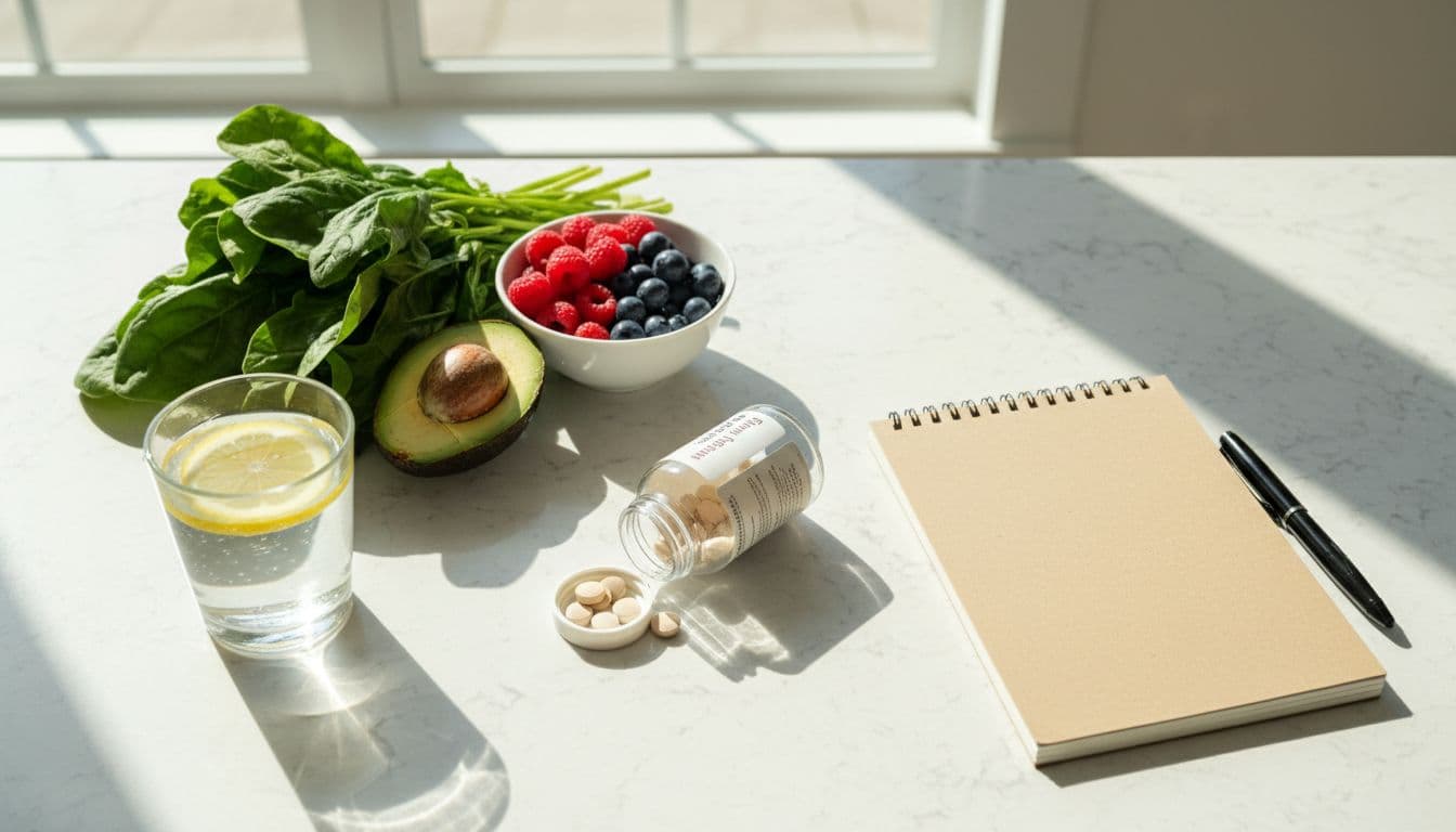 Top-down realistic photo of a kitchen counter with an open prenatal vitamin bottle, neatly arranged colorful fresh vegetables and fruits like spinach, berries, and avocado, a glass of water with lemon slice, simple notebook and pen, in bright natural morning light through window.