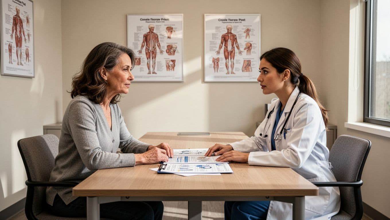Mid-30s woman sits across from female doctor reviewing charts in modern clinic office.