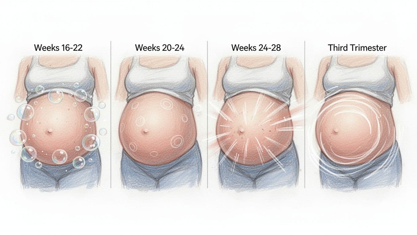 Four side-by-side diagram pregnancy bellies show movement progression: light bubbles, taps, jabs, and rolls.