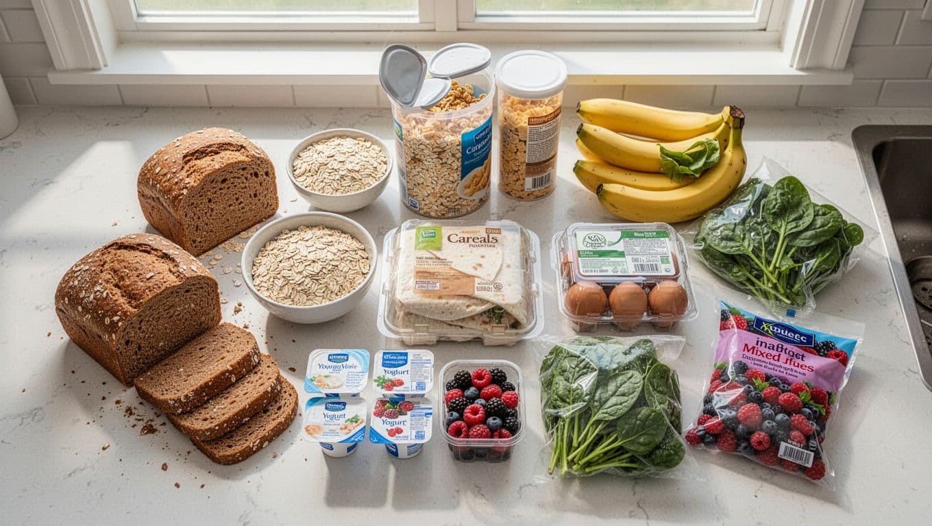 Top-down view of kitchen counter with sliced whole wheat bread, rolled oats bowl, open bran cereal box, high-fiber wraps, egg carton, yogurt cups, berries punnet, bananas, spinach bag, frozen berries bag.