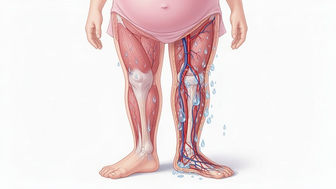 Cross-section compares normal left pregnant leg-foot with even fluid flow to swollen right with pooled fluid and compressed veins.