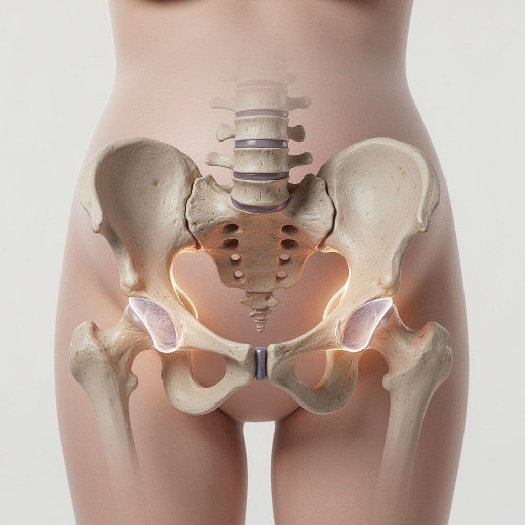 Anatomical illustration of female pelvis in pregnancy with loosened ligaments around sacroiliac joints and pubic symphysis, highlighted by subtle glow.