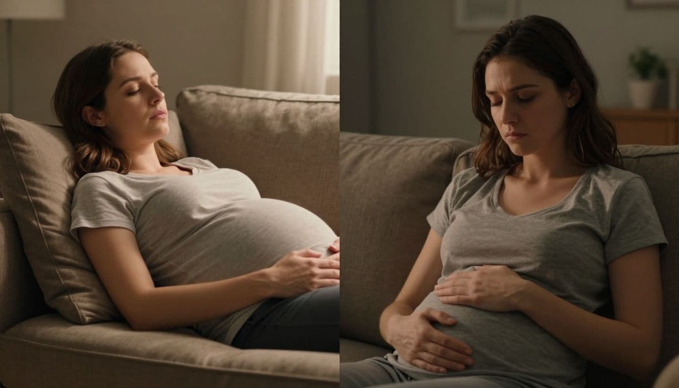 A split composition displays a serene pregnant woman resting peacefully on a sofa. Adjacent to her, a different woman shows a concentrated, serious expression while experiencing the intensity of active labor.