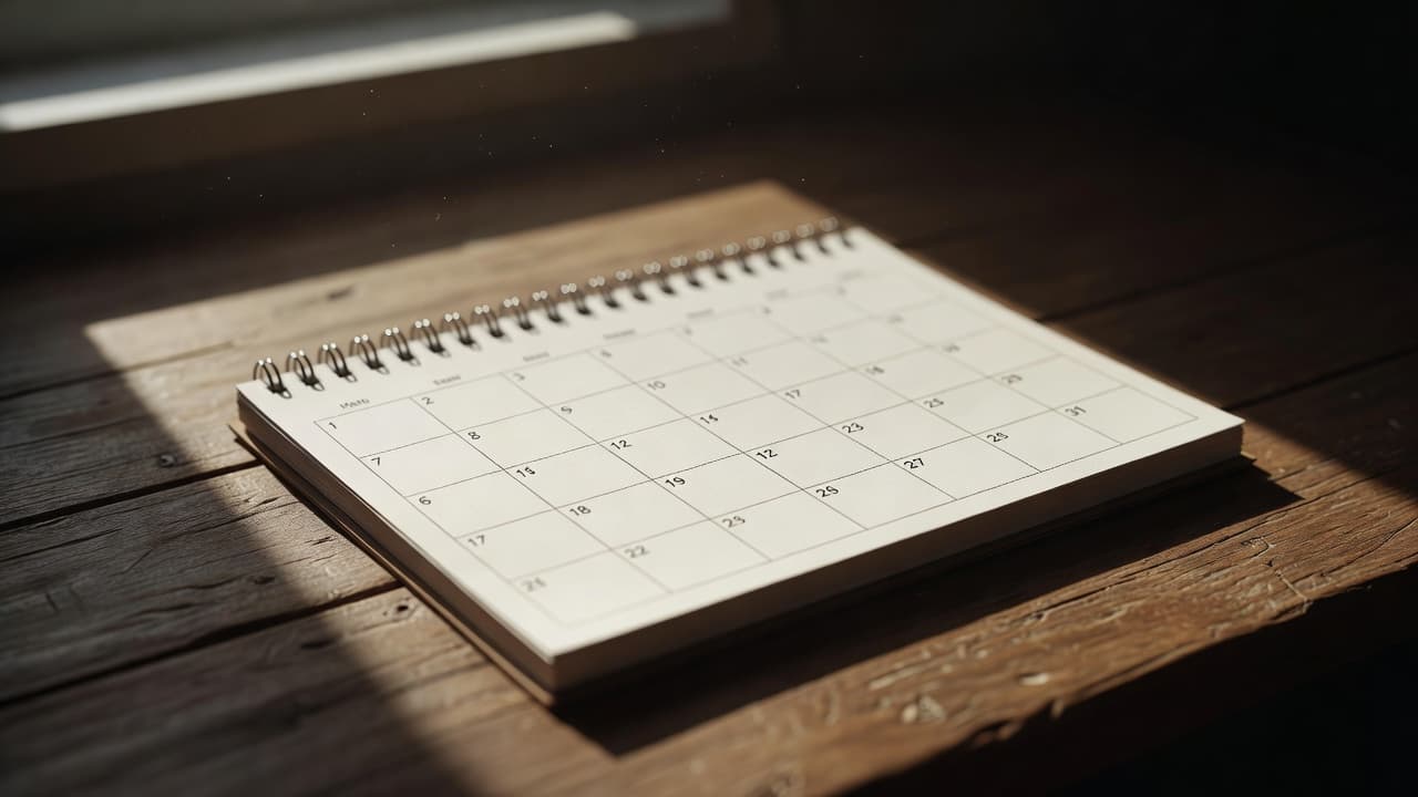 A minimalist paper calendar rests upon a textured wooden surface, illuminated by the warm, directional glow of early morning light. The soft highlights emphasize the planning pages and deep wooden grains.