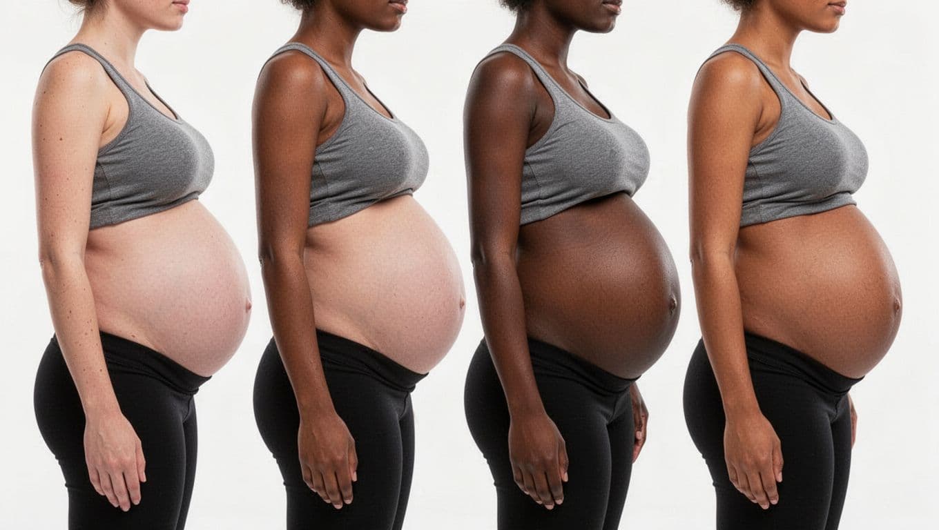 Side profiles of four pregnant upper torsos showing distinct belly shapes on white background.
