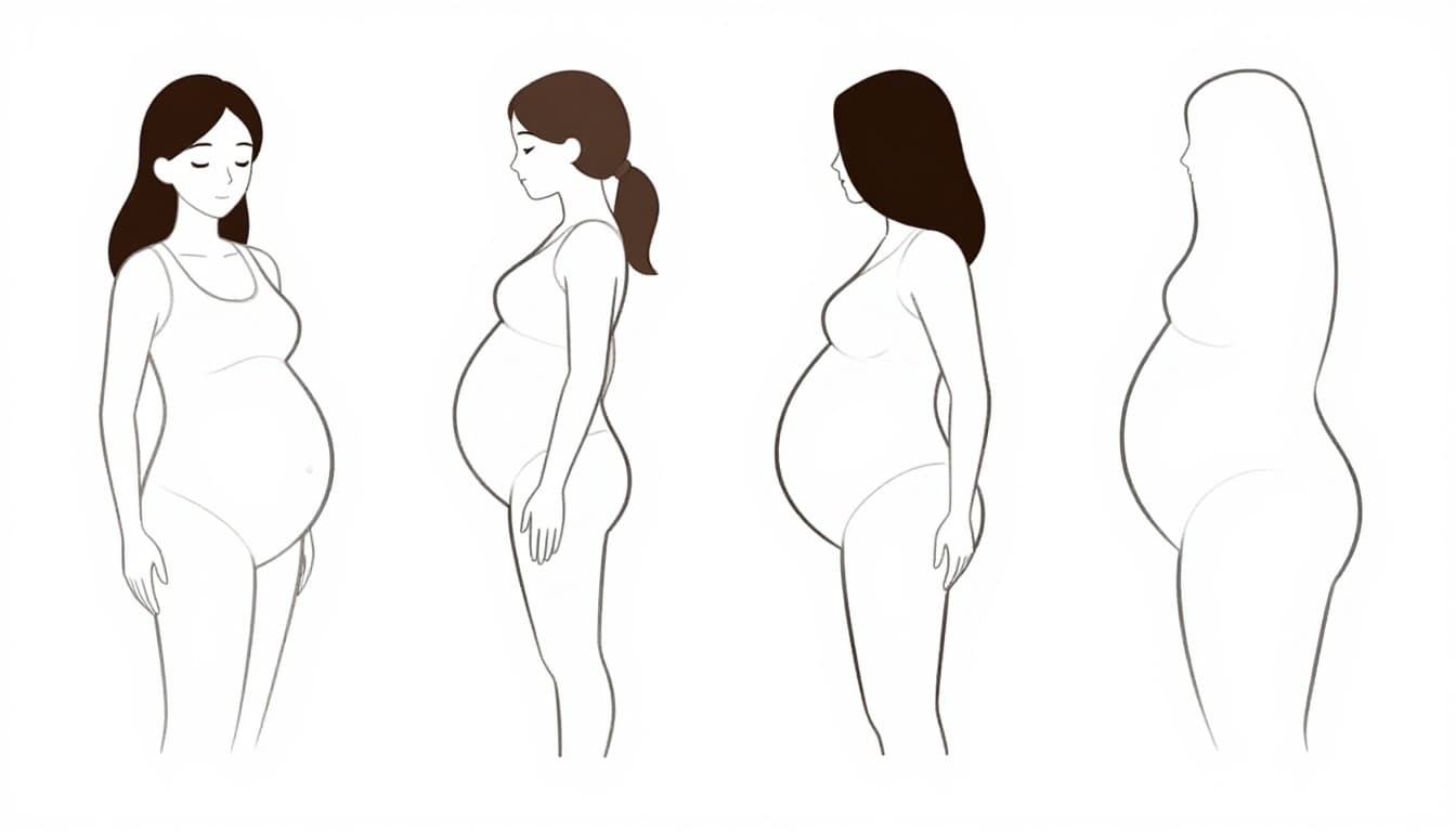 Four side-profile illustrations of pregnant torsos show high round, low hanging, wide oval, and pointy protruding bumps on white background.