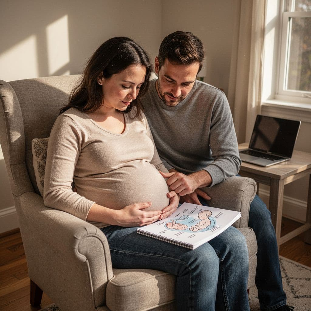 Pregnant woman and partner examine hand-drawn baby position chart on her lap in cozy living room.