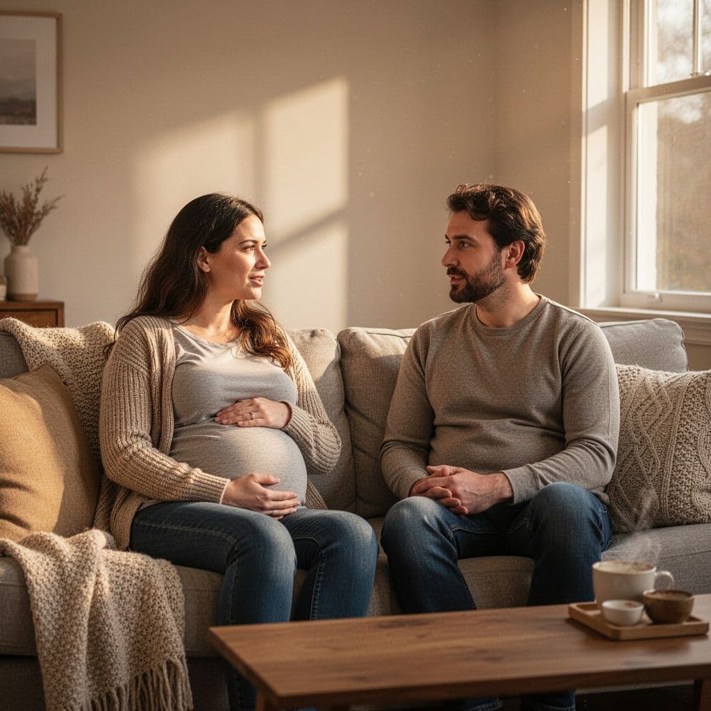 Pregnant woman and partner sit on cozy sofa, talking calmly in soft light.