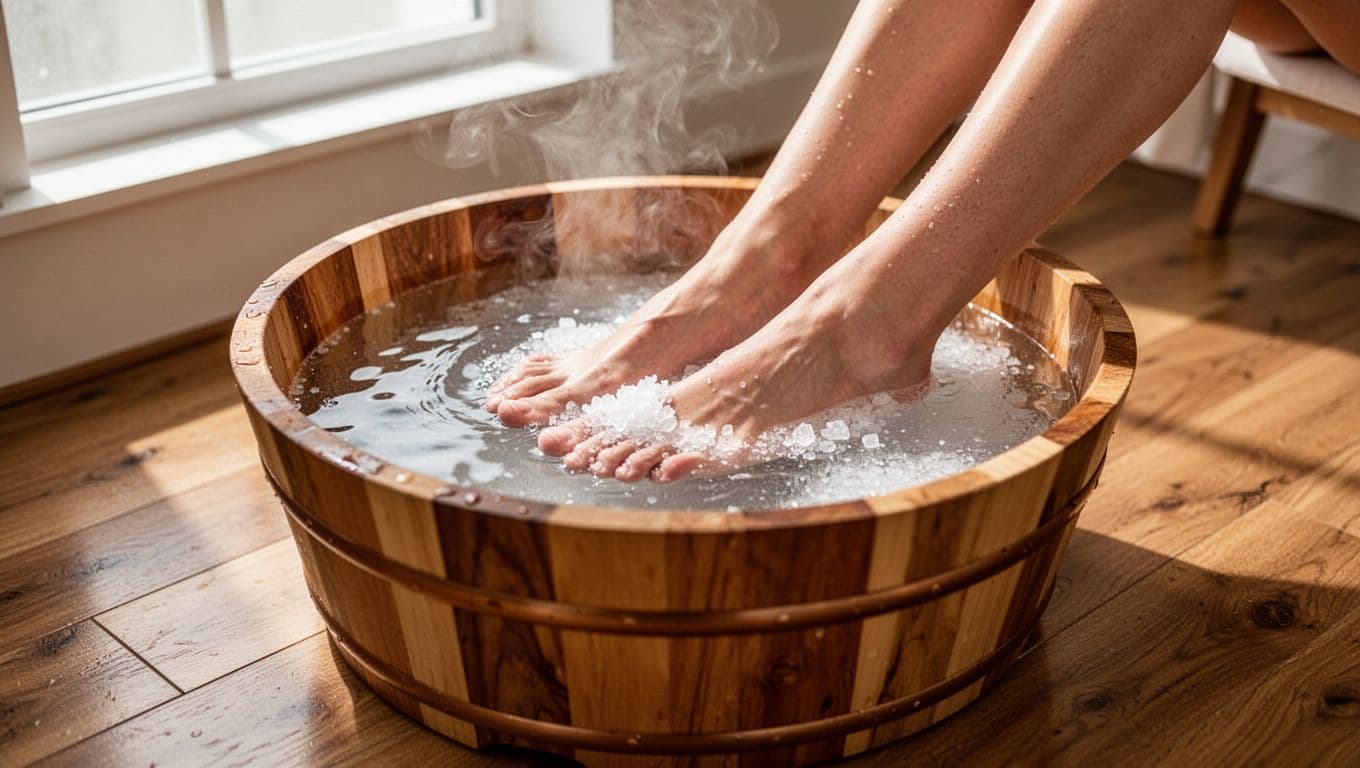 Bare feet of pregnant woman soak in large basin of cool Epsom salt water on wooden bathroom floor.